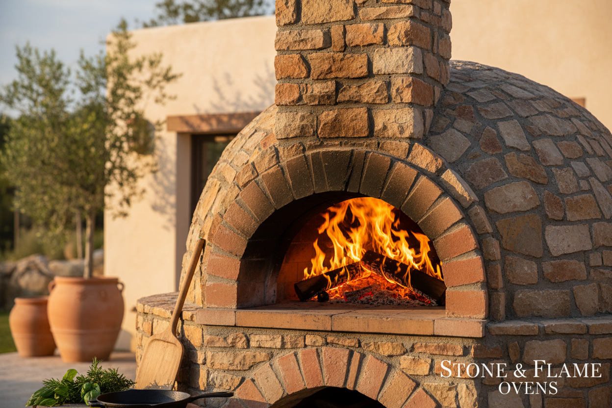 generate image banner for my store with small height the theme is stone and flame ovens 